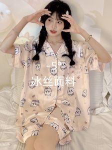 Chiikawa Summer Short Sleeve Sleepwear Womens Ice Silk Cute Usaki Home Clothes Outerwear Cartoon Print Comfortable Pajamas