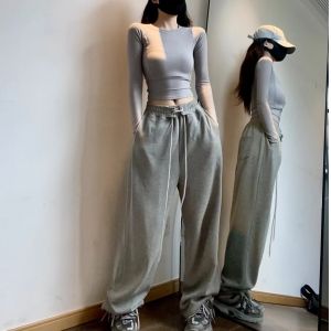 High Waist American Style Sport Pants Womens Casual Wide Leg Long Trousers Spring Autumn New Model Pink Drawstring Sweatpants