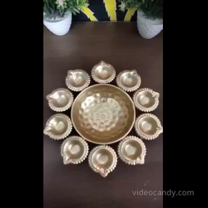 Flower Decorative Urli Bowl for Home Diwali Decor with 6 Attached Oil
