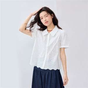 Áo Sơ Mi Cotton Tay Ngắn Giordano Thêu Viền Xếp Ly Viền Sóng Viền Ngọt Ngào Tối Giản Màu Trắng Mỏng Chất Lượng Cao Cấp Dành Cho Nữ