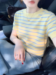 HUOLISI | Dopamine Yellow Striped Round Neck Knit T-Shirt