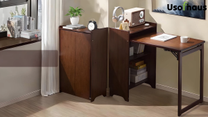 Foldable Desk with Bookshelf Space-Saving Laptop Table Small Desk with Storage Function