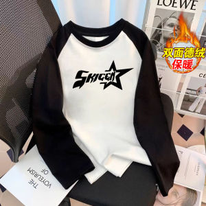 Áo Thun Nam Cổ Tròn Dày Dặn Mùa Đông 2025 Phong Cách Mỹ Rộng Rãi Lót Lông Cừu Màu Tương Phản Áo Lót Thoải Mái