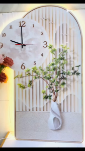 (ẢNH THẬT) Tranh đồng hồ đèn led bình lá tropical nghệ thuật hiện đại TDL68