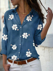 Slim Fit Long Sleeve Floral Shirt Turn-down Collar Street Style Womens Shirt Regular Length Summer Fashion Ladies Blouse