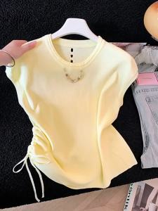 Áo Thun Tay Ngắn Ôm Body Cổ Tròn Xẻ Rỗng Túi Dây Ép Eo