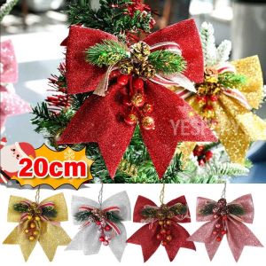 YESPERY 20cm Bowknot Christmas Tree Decor Supplies Pine Berry Gold Powder Bow Party Home Christmas Decoration