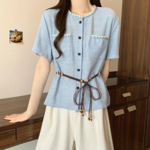 AIYITI | Fatmm Stylish French Blue Shirt Plus Size Belly Covering Spaghetti