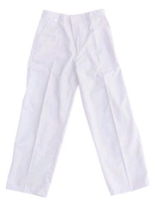 Celana Sekolah Putih Panjang Pinggang Karet untuk SD SMP SMA | Bahan katun elastis saku samping kancing depan model lurus. | Sesuai untuk seragam sekolah. | Foto produk.