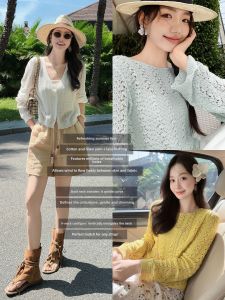MEIYANG | Floral Lace Hollow Cotton Linen V-Neck and Round Neck Cardigan Sweater