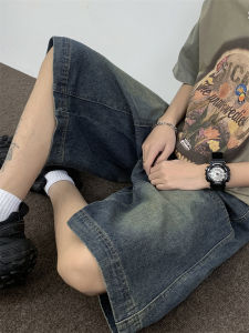 American Retro Mens Denim Shorts Loose Straight-leg Style for Summer Casual Scenarios Youth Popular