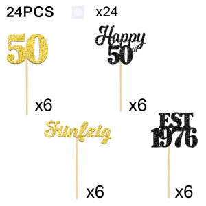 YOMDID 24Pcs Happy 50th Birthday Cake Toppers Glitter Fifty Number 50 Cupcake Toppers Picks for Muffin Party Decorations