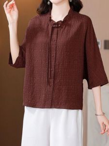 Classy Silk Silk Temperamental Mother Summer Shirt Womens Three-Quarter Sleeve Tops Elegance Small Shirt Chinese Style Shirt