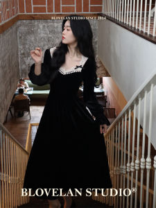 Váy Nhung Đen Cao Cấp Blovelan Vintage Pháp Cạp Cao Thon Gọn Cho Nữ Mùa Đông Dài Tay Dáng Chữ a Váy Midi