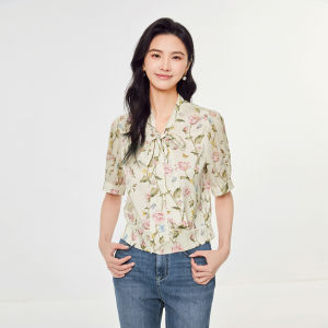 Koradior | Elastic Silk Rose Printed Neck-flared Blouse