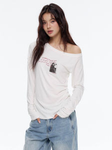 Archivum Irregular Pleated Lyocell Blend Slimming Asymmetrical Shoulder Long Sleeve T-Shirt Youth Popular Printed Loose Fit Summer Top