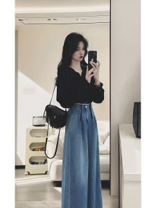 plus Size Womens Fashionable Vintage Two-Piece Set with Shirt And Wide Leg Jeans Autumn Clothing Ensemble Big MM Shirt
