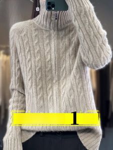 Autumn Winter Womens Fashion Knitted Woolen Cardigan Zipper Collar Imitation Cashmere Long Sleeve Thickened Casual Outerwear