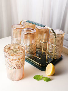 Retro Embossed SUNFLOWER Japanese Style Glass Cup Set Household Water Cup Womens Summer Milk Cup Good-looking Juice Cup