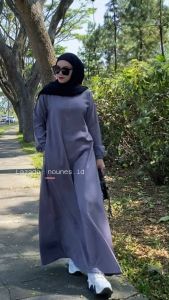 Nounes Basic Abaya Dress Gamis Daily Polos Wanita Muslim Saku Kanan Busui Friendly Woolpeach Grade A