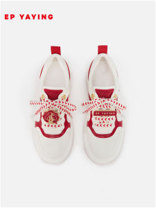 EP YAYING Limited Edition Lucky White Thick Heel Womens Shoes Casual Fashion Splicing Color Block Sheep Leather Inner mid Spring