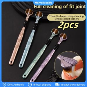 2pcs Three-Sided Toothbrush Ultra Fine Soft Hair Adult Toothbrushes Tongue Scraper Oral Care 360° Cleaning Teeth Brush