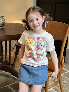 Áo Thun in Họa Tiết Hoạt Hình Mùa Hè Cho Bé Gái Tay Ngắn Mỏng Thường Ngày Phong Cách Hàn Quốc Cổ Tròn Vải Polyester
