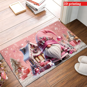 VIKAMA Christmas Doormat Pink Gnome Snow House Gift Snowflake Pattern Non Slip Mat For Front Door Entryway Xmas Decoration