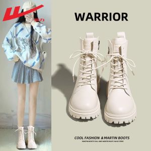 Womens Versatile White Martin Boots Motorcycle Thick Bottom Spring Autumn British Style Short Boots Waterproof Synthetic Leather