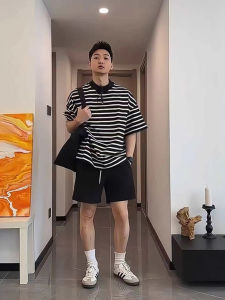 Mens Black White Striped Short Sleeve T-Shirt Casual Pure Cotton Half Sleeve Summer Fashionable Loose Fit round Neck Tee