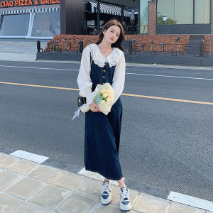 Elegant Chic Doll Collar Shirt Dress Set Womens Early Spring Hong Kong Style Retro Korean Belted Denim Skirt Two Piece Set