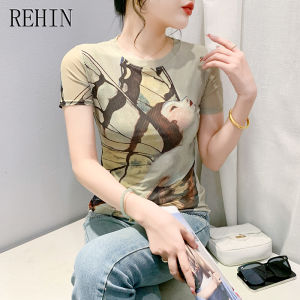 REHIN Round neck slimming printed mesh short sleeve t-shirt elegant womens top