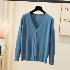 สเวตเตอร์ผู้หญิงผ้าวิสโคสถักบางๆเสื้อสเวตเตอร์ตัวหลวมเสื้อใส่ด้านในเครื่องปรับอากาศสไตล์เอิร์ท