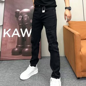 Black Patchwork Jeans Mens Slim Fit Casual Hole Fashionable Versatile Slimming Leisure Pants mid High Waist Long Trousers