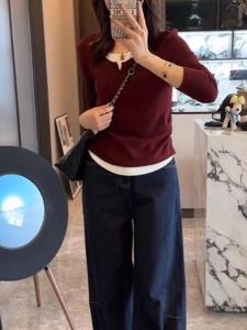 Pure Cotton Long Sleeve round Neck Base Shirt T-Shirt Womens Autumn Design Sensation Small Color Collision Atmosphere Inner Wear Top