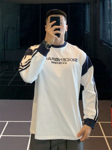 Heavyweight Cotton American Retro Print Long Sleeve Mens Sports Basketball T-Shirt Top Autumn Winter Loose Fit round Neck