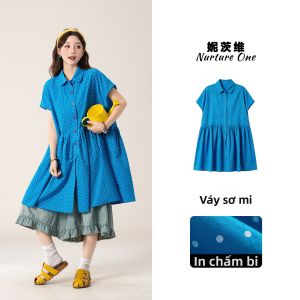 Nurture One | Áo Sơ Mi Dots Nơ Bé Phóng Suông Cho Người Mập Cotton Sạch 100%