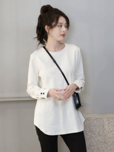 Slimming Large Size Womens T-shirt Autumn Early Long Sleeve Loose Versatile Base Shirt round Neck Mid-Length Commute Style