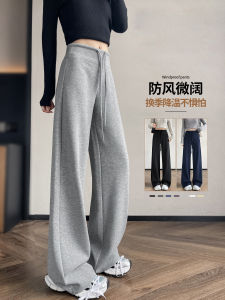 Gray Fleece Lined Loose Wide Leg Sports Pants Womens Autumn Winter Thickened Yoga Casual Trousers Korean Style High Waist