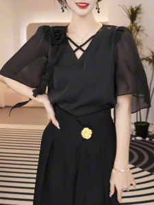 SHUAIYUE | Áo Nữ Tay Chuông Hoa Hồng Đen Phong Cách Pháp Như Audrey Hepburn