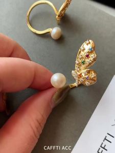 CAFFTI | Freshwater Pearl Rainbow Diamond Drawn Butterfly Open Ring Female Luxury Niche Design