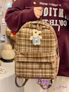 Retro American Plaid Double Shoulder Bag Womens High School College Student Backpack Travel Bag Casual Scenarios Nylon Material