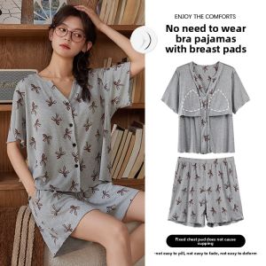 MiiOW | Ice Silk Womens Summer Thin Short Sleeve Long Pants Sleepwear Set Home Clothes Outdoor Wear With Chest Pad Integrated
