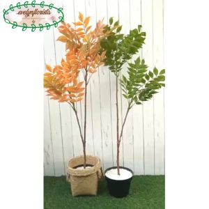 Pohon Artificial Willow Variasi Warna Merah & Hijau X2 Semi Latex Pot Dasar Hitam Cover Purun Handle Hiasan Ruang Tamu