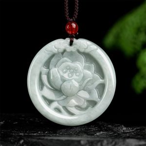 TIMESWIND Women with Certificate Light Green Natural Jade Lotus Round Pendant Necklace Y1N
