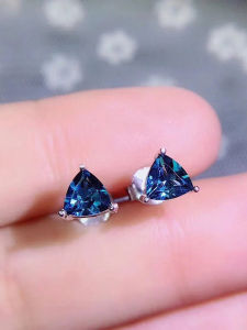 S925 Silver London Blue Topaz Earrings Deep Color Triangle Studs