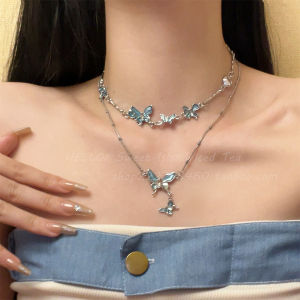 สร้อยคอแบบคอจี้รูปผีเสื้อสีฟ้า PM2.5 สำหรับผู้หญิง โซ่เสื้อสเวตเตอร์แบบทันสมัย โซ่กระดูกไหปลาร้าหรูหรา เครื่องประดับแฟชั่น