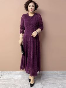 Elegant Long Spring Autumn Embroidered Floral Dress Stretchy Slimming Mommy Dress Korean Style V-Neck A-Line Skirt