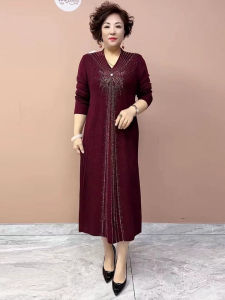 Elegant Heavyweight Knitted Ice Linen Dress for Mom Wedding Ceremony Autumn Winter New Style V Neck Eight Sleeve Other Material