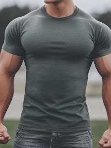 Double-Sided Velvet Fitness T-Shirt Sports Muscle Short Sleeve Men Casual Gym Running Training round Neck Solid Color Top